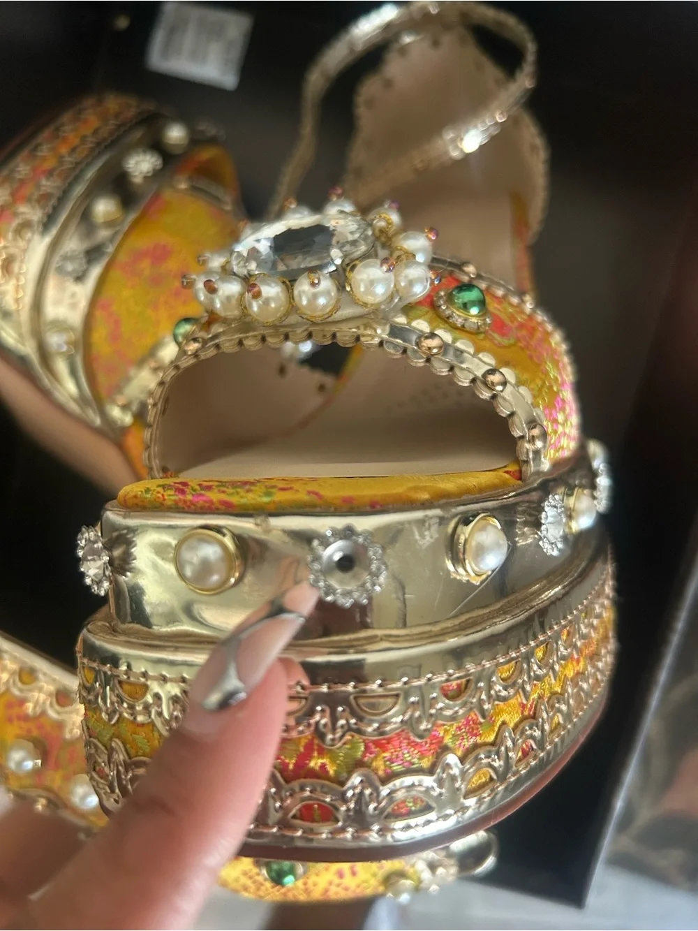 Embellished Gold Platform Sandals - Women's Evening Heels